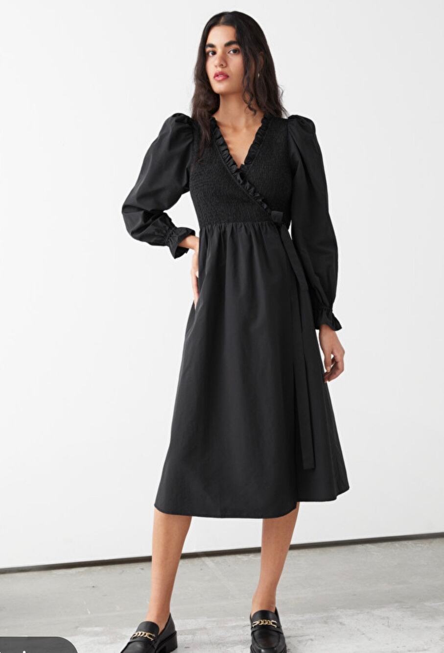 & Other Stories Paris Atelier Black Smocked Ruffle Wrap Midi Dress US 0 Romantic